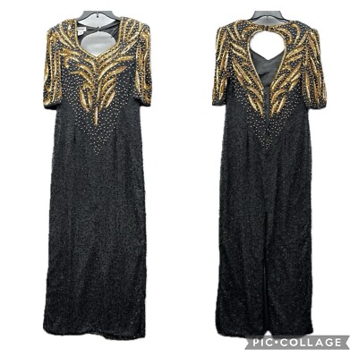 MARK & JOHN Beaded Sequined Dress Evening Maxi Black Gold 100% Silk Size M READ!
