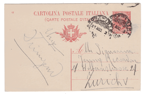 Italy 1901 CARTOLINA Postale MINT Postcard ZURICH used 10 cent stamp