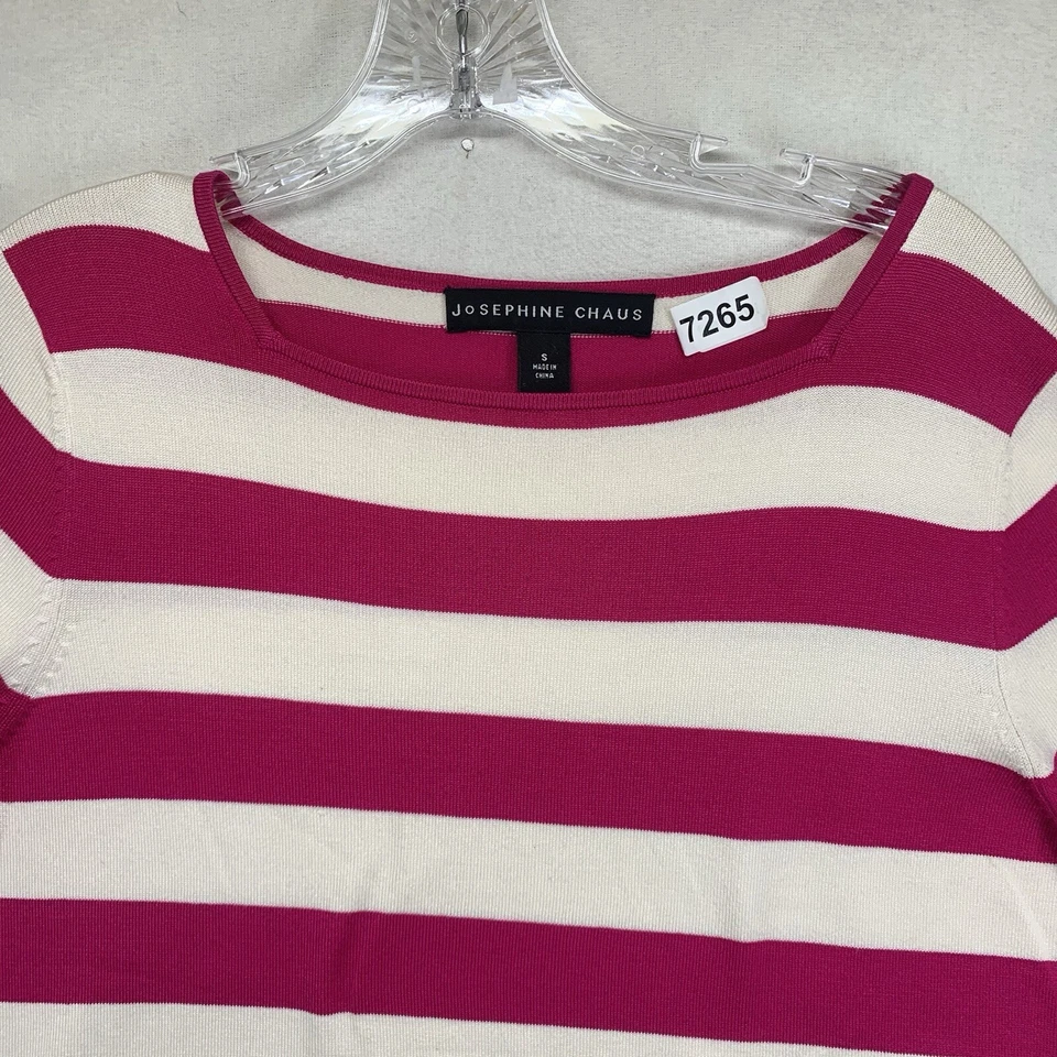 Top de mujer pequeño de seda de nailon a rayas magenta brillantes tejido grueso manga 3/4 Foto 2 de 4