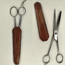 Vtg CHAFFEE & BLACKBURN Barber Scissors Thinning Shears w/ Leather Sheath 