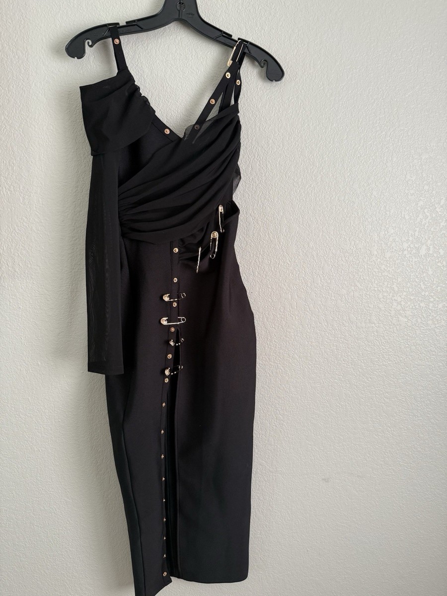 bella black mesh long bodycon dress safety pin ruched v-neck zip  asymmetrical xs | eBay