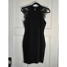 IRIS Black Lace Shoulder Keyhole Back Bodycon Sheath Dress Small ID3877