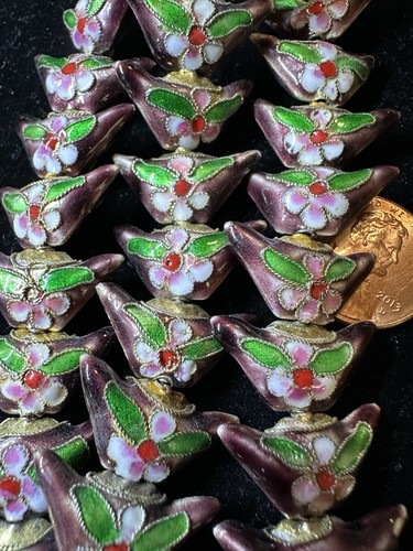 Pair of Vintage Chinese Cloisonne Enamel Beads Lantern Shape Flowers 21mm x 11mm - Picture 6 of 54