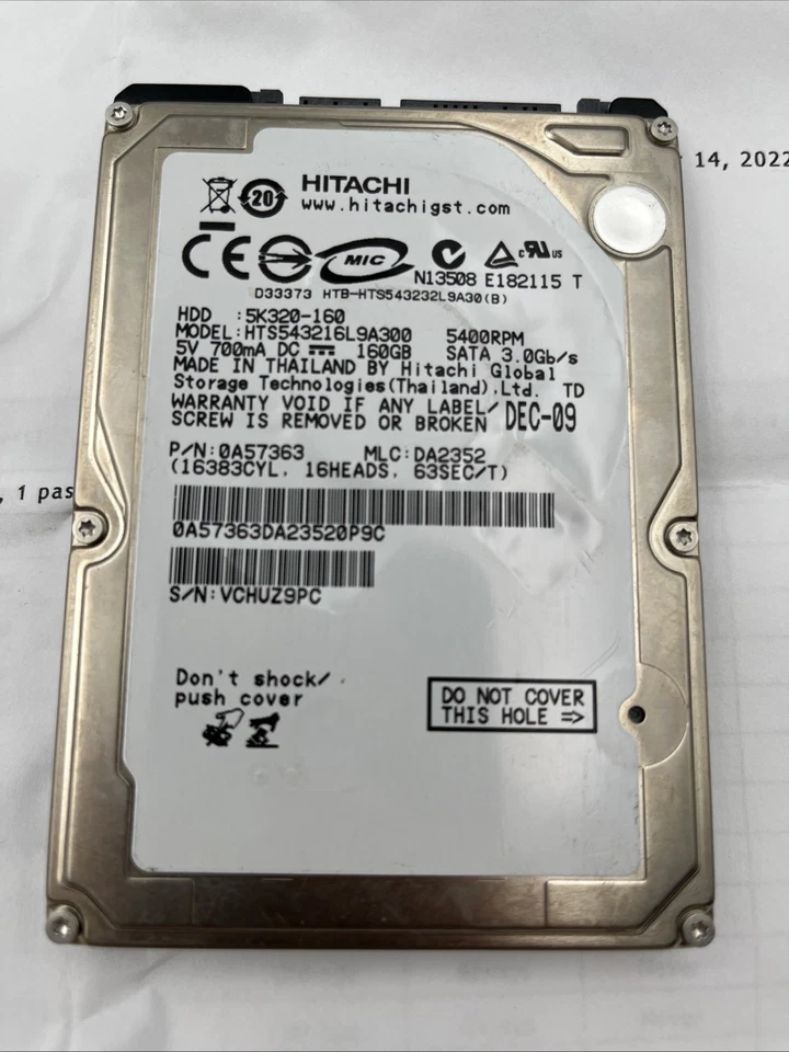 *Hitachi 160GB 5K320-160 HTS543216L9A300 2.5" 5400 RPM SATA Hard Drive - Image 2 of 4