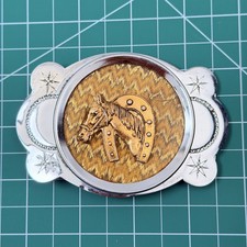 Vintage Western Horse Horseshoe Gold Silver Tone Belt Buckle Made in Japan