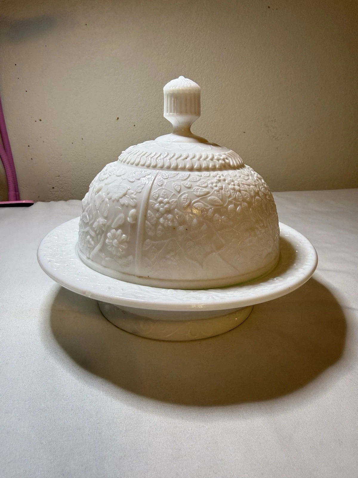 Milk Glass Tree of Life Butter Dish with Lid Vintage Indiana Glass 1970s