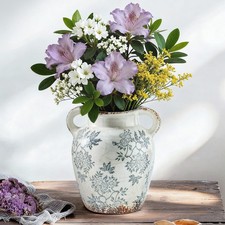7.8" Blue and White Ceramic Vase with Double Handles   Handcrafted Chinoiseri...