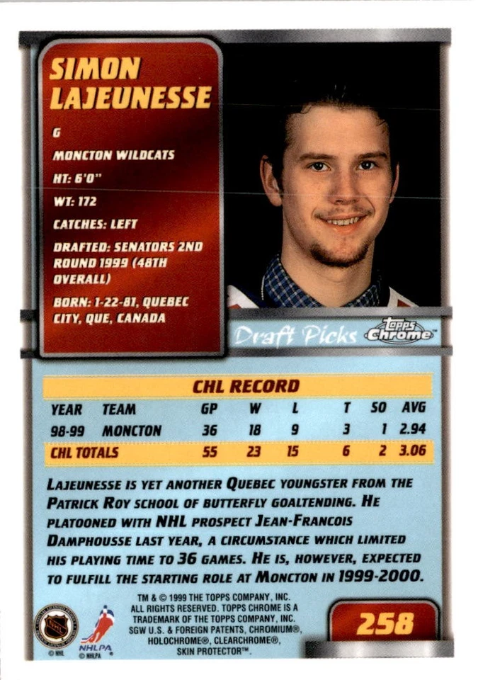 1999-00 Topps Chrome #258 Simon Lajeunesse - Image 2 of 2