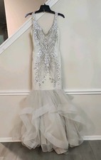 Terani Couture Ivory Silver Embellished Beaded Sequin Mermaid Formal Dress