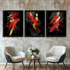 Abstract Red & Gold Brushstroke Wall Art Set of 3 Prints Modern Contemporary Art