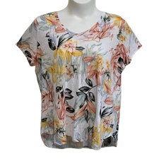 C&C California Tunic Top Womens Size 1X White Floral Hi-Low Hem Knit 100% Linen