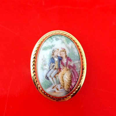 Vintage Van Dell 12K Gold-Filled Limoges France Courting Couple Oval Pin Pendant