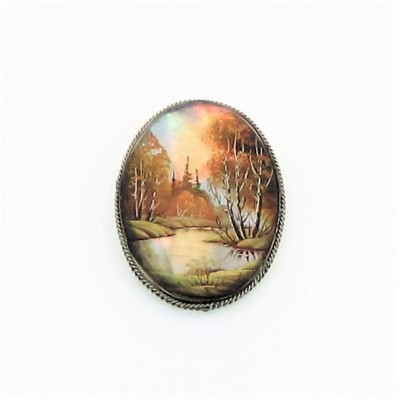 Broche russe style Fedoskino, peinture miniature sur nacre, beauté russe - France