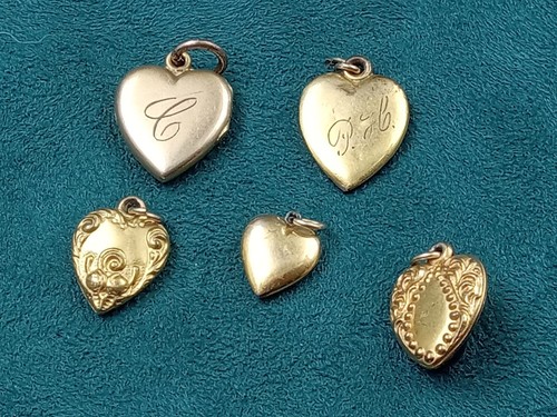 Lot of 5 Antique Heart Shaped Charms, 1 is a Locket - .25" to .5" each - Picture 4 of 5
