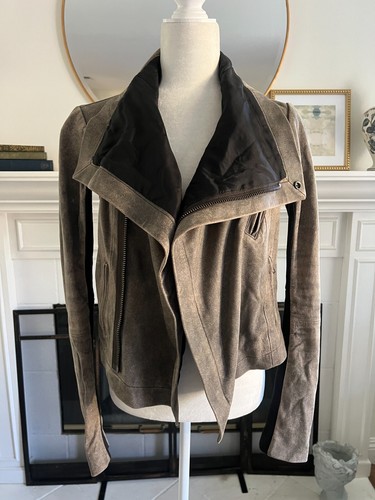 VEDA NYC Gray/Brownish Leather Jacket Size M Distressed Cowl Neck Snap Closure - Picture 14 of 19