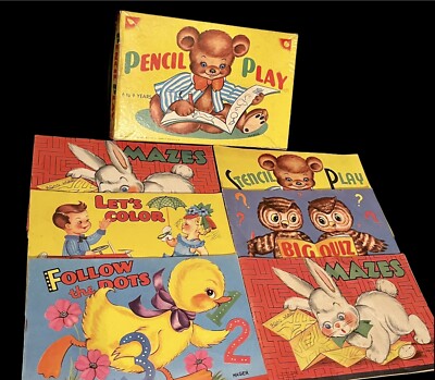 Vintage 1953 Stencil Play Children's Coloring Set of 6 In Box Junk Journal