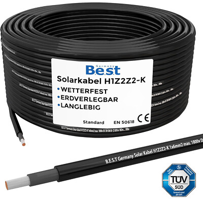 Germany BEST Solarkabel Solarleitung 10mm² reines Kupferkabel H1Z2Z2-K 20m Black
