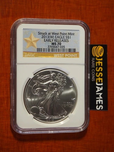 2013 (W) $1 AMERICAN SILVER EAGLE NGC MS70 ER STRUCK AT WEST POINT GOLD STAR