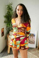 UO Eva 70s Print Romper Floral Printed V Neck Bell Sleeve Slim Fit New Large L