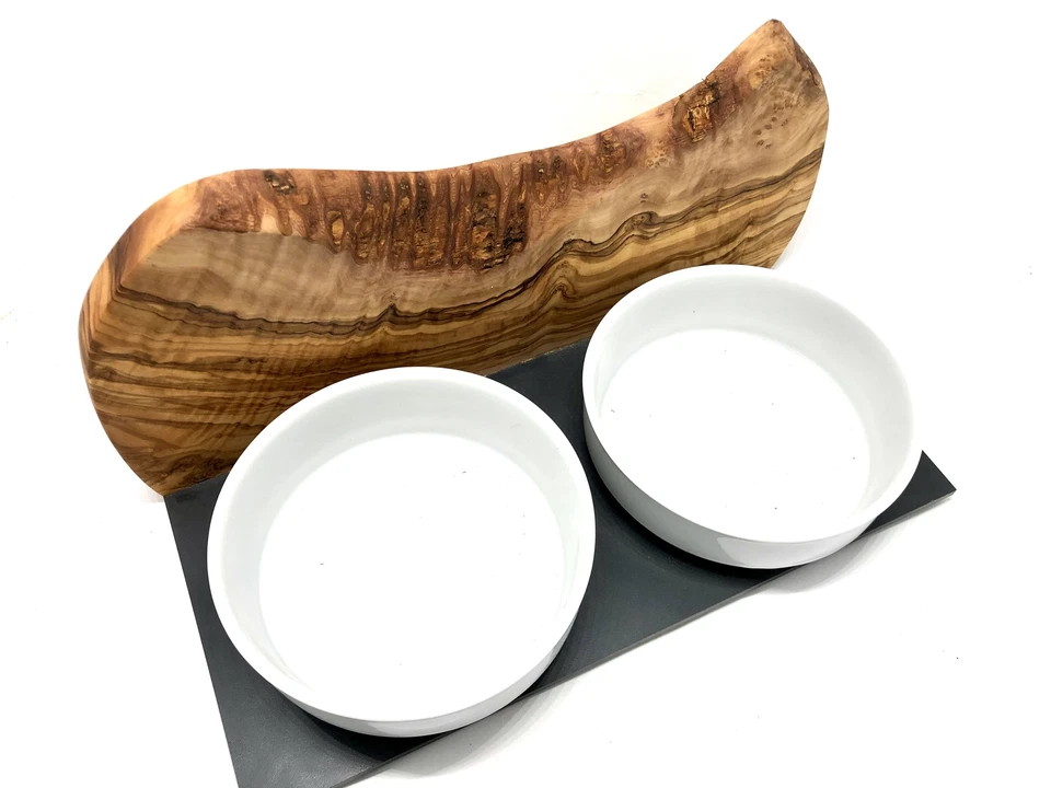 Futterstation MOUNTAIN 2 x Porzellanschalen auf OLIVENHOLZ Holz - Bild 4 von 4