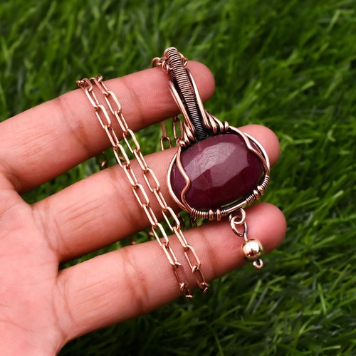 Kashmiri Ruby (Lab) Copper Wire Wrapped Handmade Jewelry Pendant Necklace - Picture 3 of 7