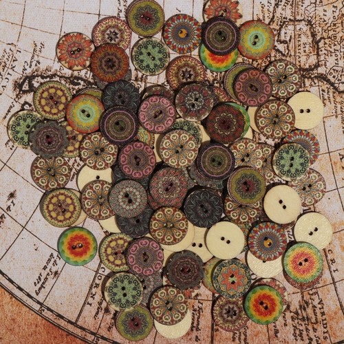 100pcs 20mm 25mm Mix Button Boho Bohemian Ethnic Wooden DIY Crafts Sewing Decor - Picture 12 of 30