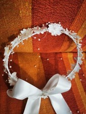 coroncina per comunione o damigella per matrimonio - bianca con perle e fiori