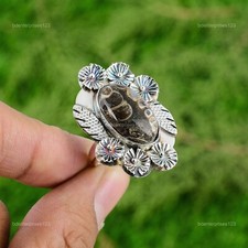 Natural Turritella Agate Solitaire Flower Brown Adjustable Ring 925 Silver