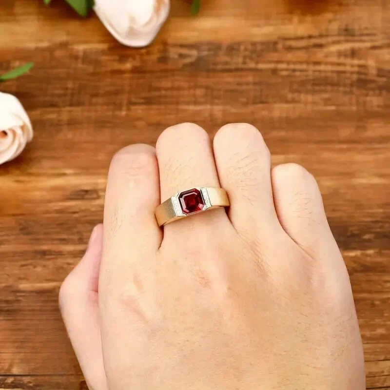 Men's Ring 14K White Gold Plated 925 Silver Asscher Cut Lab Created Red Ruby - Image 4 of 4
