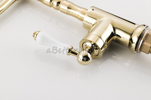 Polished Gold Kitchen Sink Faucets Single Ceramic Handle Swivel Spout Mixer Tap - Picture 6 of 6