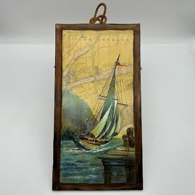 Vintage Original Signed Painting 1960s Sailboat Racing Over Los Angeles Map Wood