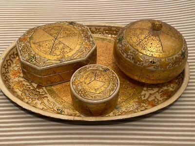 Kaschmir Lackiert Handbemalt Blattgold Tablett & Behälter Dressing Set - 4 Stück