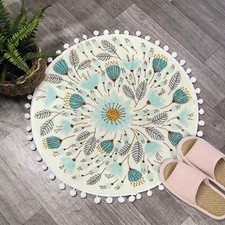 Small Round Rug 2  Circle Cute Bath Mat with Pom Poms Fringe Floral Plant