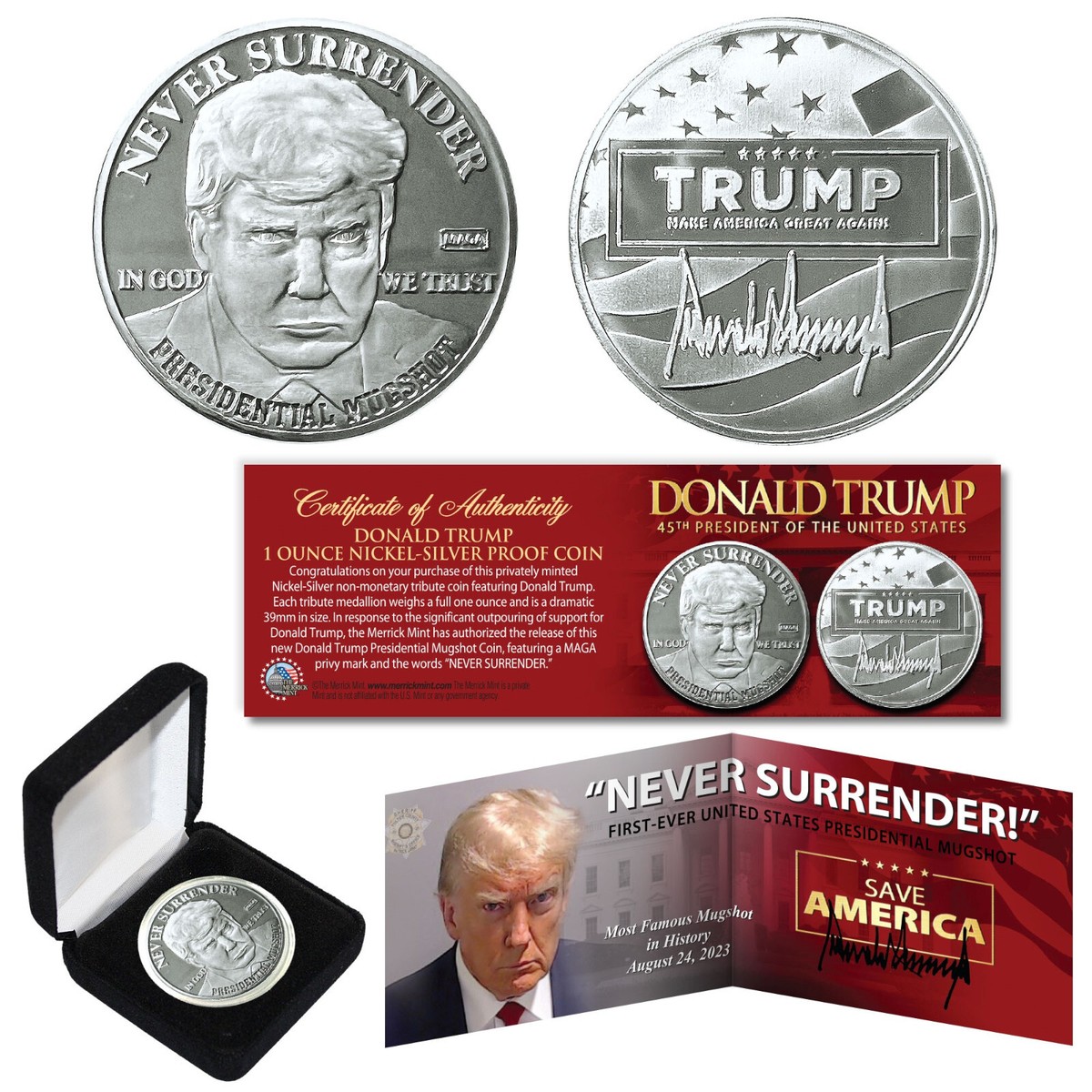 Donald Trump MUGSHOT Nickel-Silver Proof 1 OZ 39mm Coin with