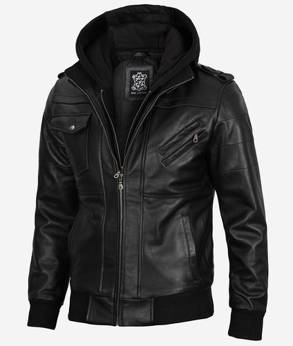 Men's Removable Hood Bomber Moto Biker Racer Real Lambskin Black Leather Jacket - Picture 5 of 10