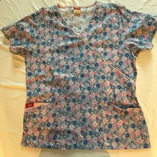 Dickies Uniform Scrub Top Blue w/Flowers Medium Preowned X-32 