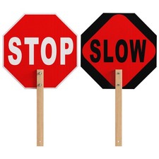Stop Slow Sign, Double 13 x 13 inches, Silver and Natural Bamboo Wood Color