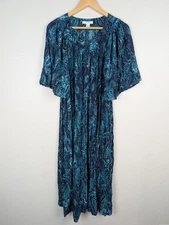 Go Softly Dress Womens XL Blue Green Paisley Rayon Patio House Lounge Pockets