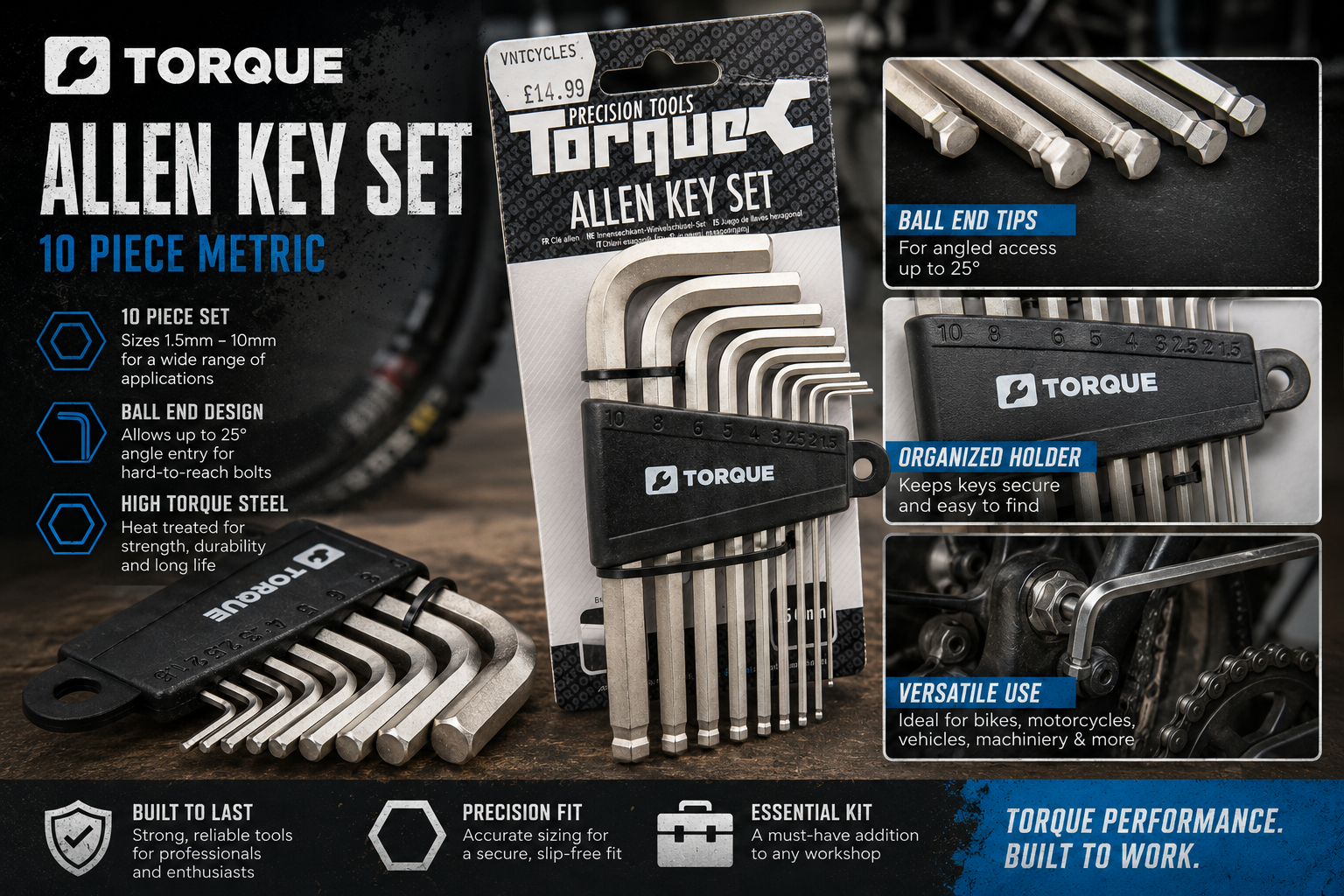 Oxford Torque TL120 Allen Key Set 1.5-10mm Long Ball End Hex Keys Bike Tool