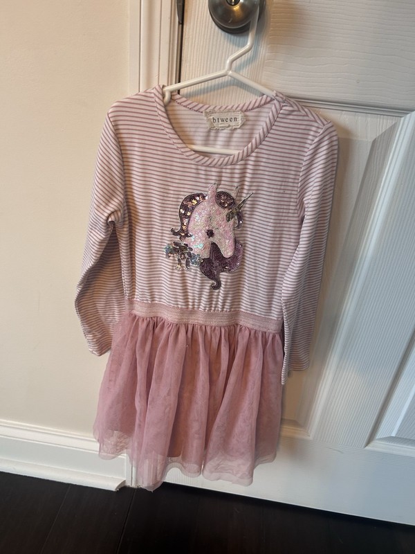Btween Girls Size 6 Fit & Flare Pink White Striped Unicorn Sequin Tulle Dress