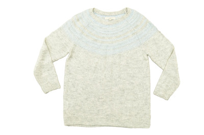 LOFT Women's Size L Beige Blue Striped Fair Isle Knit Crewneck Mohair Blend Swe