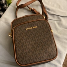 Michael Kors Brown Logo Small Crossbody Bag Zip Gold Hardware Adjustable Strap