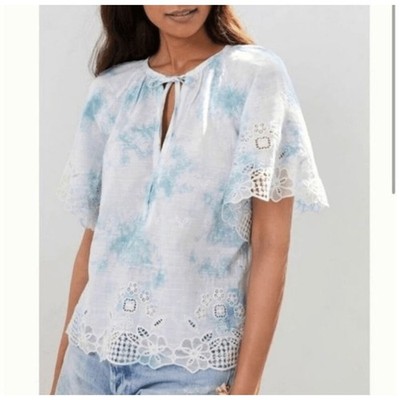 Anthropologie Eyelet Top Blue Tie Dye Tie Neck Boho Blouse Medium