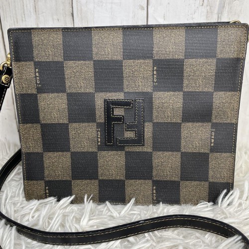 FENDI Shoulder Bag Purse FF PVC Leather Brown Black Authentic - Picture 3 of 20
