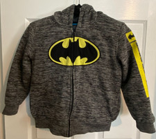Boy's BATMAN Zip-up Fleece Lined Hoodie Dark Knight on sleeve Size 7 Black Gray