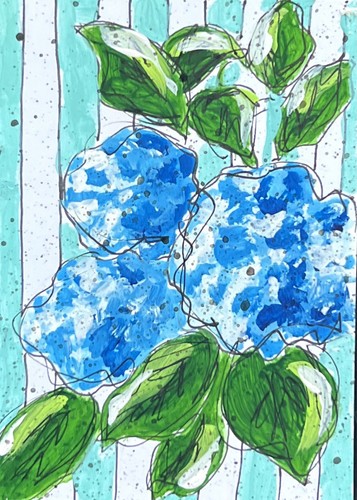 ACEO Blue Hydrangea Original Painting Brand New Art Karenpcannonart