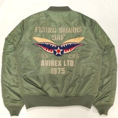 AVIREX Flying Shark MA-1 Padded Bomber Flight Jacket Blouson Men XL Sage Green