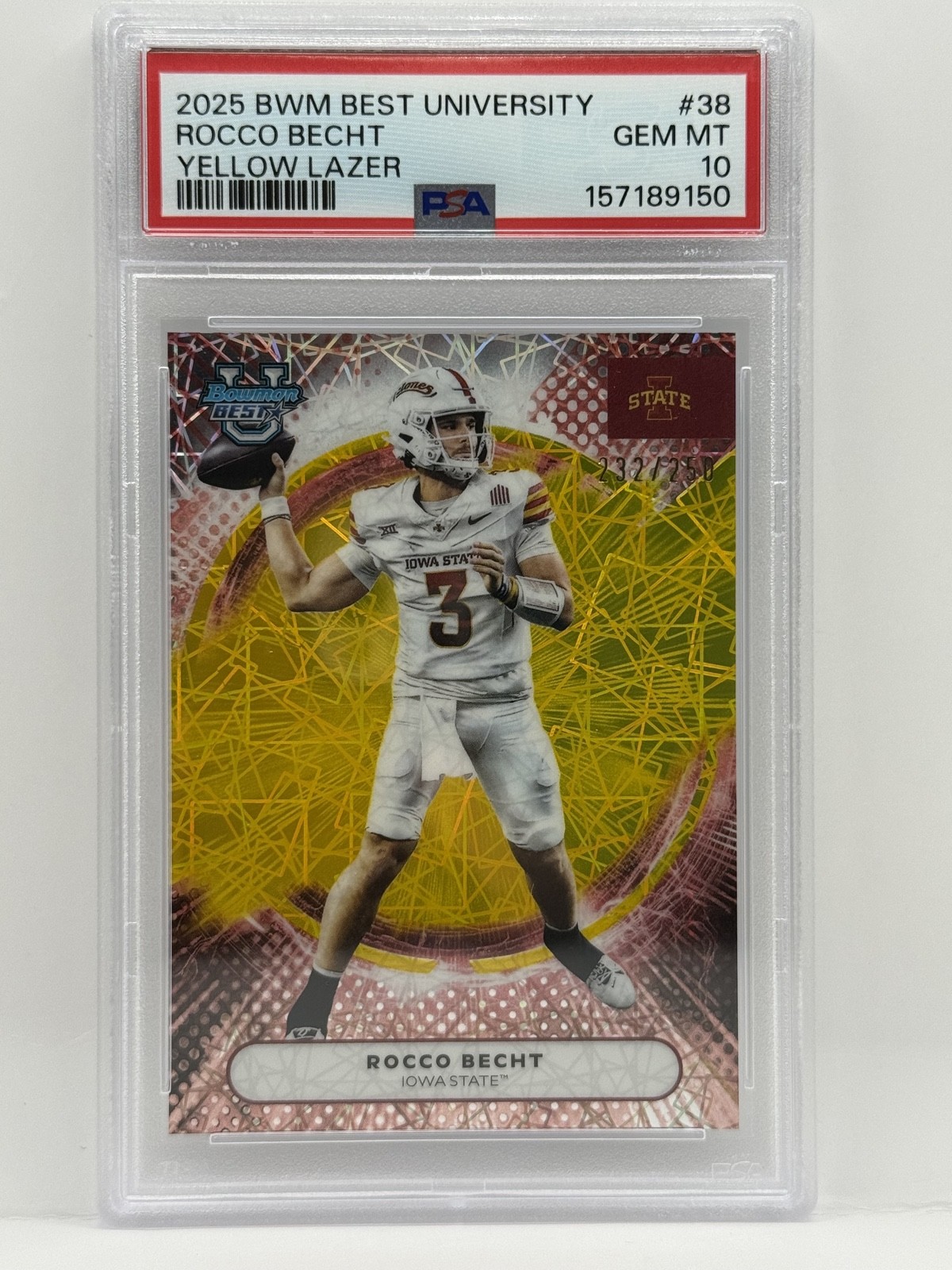 2025 Bowman's Best University - Rocco Becht #38 Yellow Lazer Refractor /250 (RC)