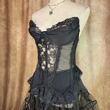 Vintage 90s Floral Lace Corset Bustier Lingerie Top Polka Dot Mesh Garter Straps