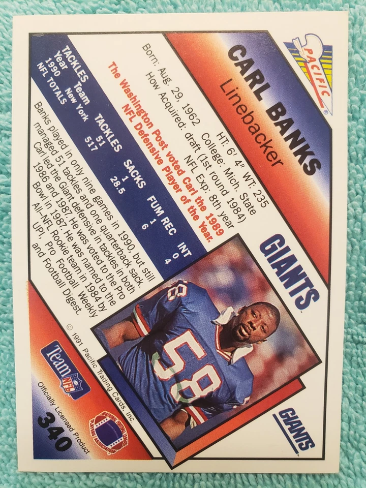 1991 PACIFIC CARL BANKS #340 NEW YORK GIANTS  - Image 3 of 4